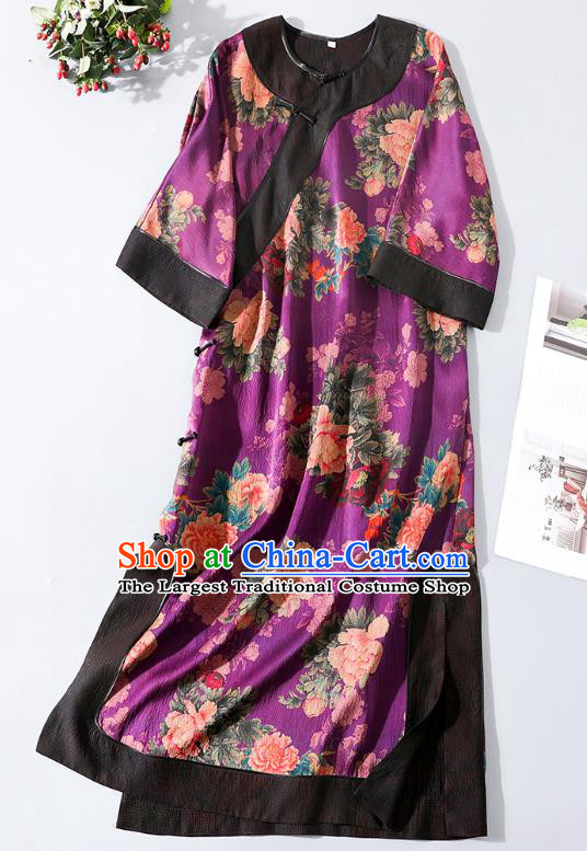 Asian Chinese Classical Young Lady Purple Silk Cheongsam Traditional Peony Pattern Qipao Dress National Clothing