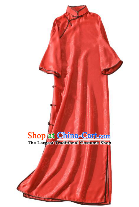 Asian Chinese Jacquard Red Silk Qipao Dress Clothing Traditional Classical Young Lady Cheongsam