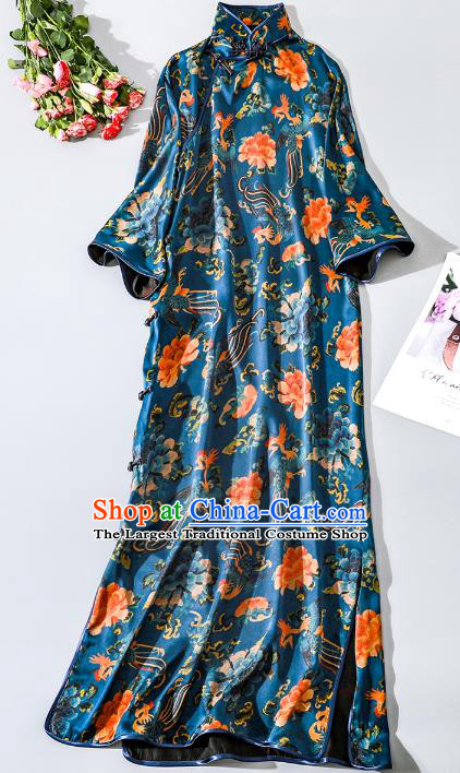 Asian Chinese Traditional Phoenix Peony Pattern Blue Silk Qipao Dress Clothing Classical Stand Collar Cheongsam