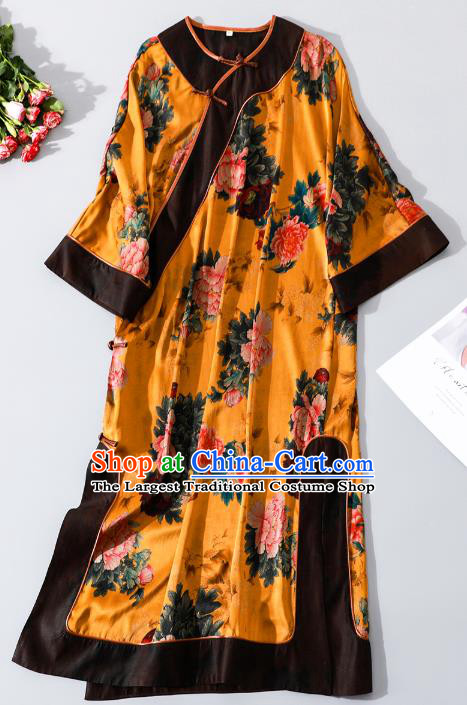 Asian Chinese Traditional Yellow Silk Qipao Dress Clothing Classical Peony Pattern Cheongsam