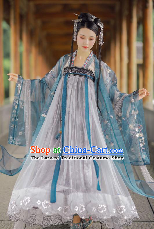 Chinese Ancient Palace Lady Blue Hanfu Dress Traditional Tang Dynasty Royal Princess Historical Costumes