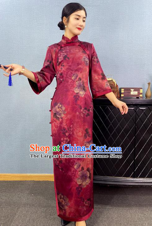 Asian Chinese Traditional Purple Silk Qipao Dress Classical Camellia Pattern Cheongsam Costume