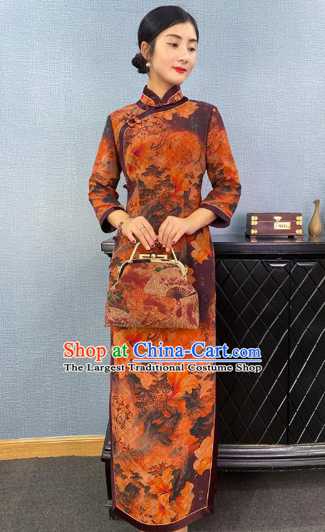 Asian Chinese Traditional Shanghai Beauty Qipao Dress Classical Mangnolia Pattern Ginger Cheongsam Costume