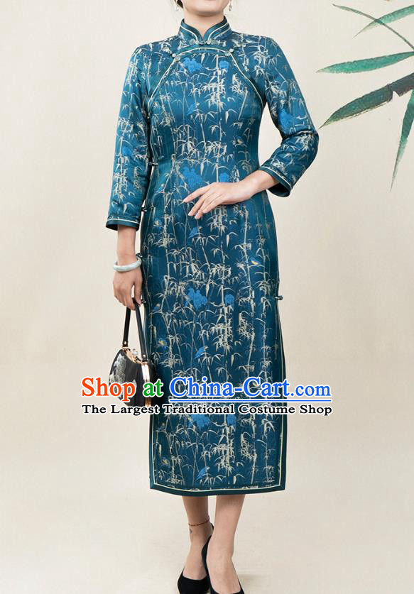 Asian Chinese Traditional Middle Age Woman Qipao Dress Classical Bamboo Pattern Blue Silk Cheongsam Costume