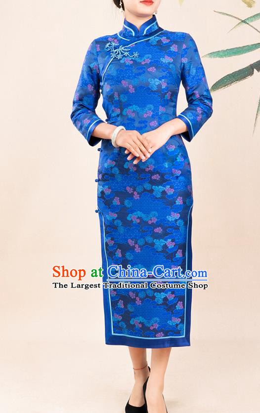 Asian Chinese Traditional Wedding Mother Song Brocade Qipao Dress Classical Royalblue Silk Cheongsam Costume