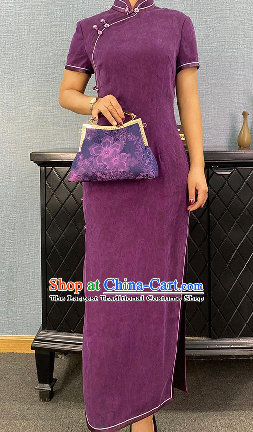 Asian Chinese Traditional Jacquard Purple Silk Qipao Dress Classical Young Mistress Cheongsam Costume