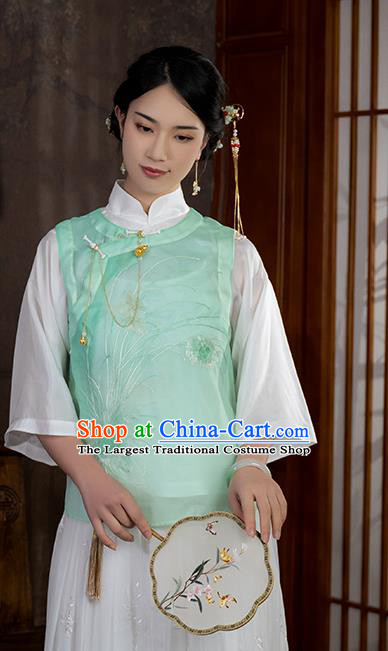 Chinese Traditional National Embroidered Light Green Organdy Vest Costume Women Tang Suit Waistcoat