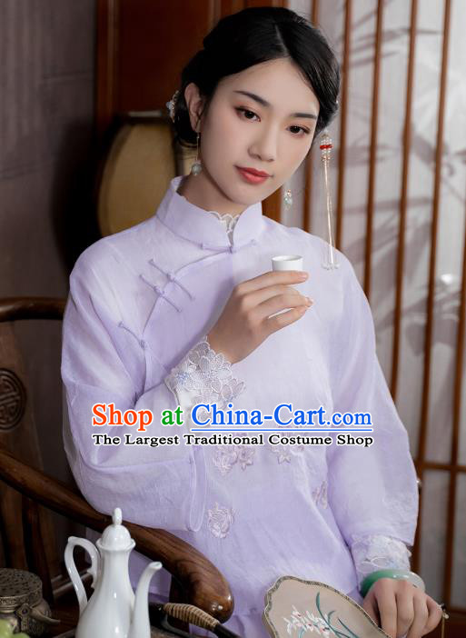 China Traditional Qipao Shirt Upper Outer Garment National Woman Embroidered Lilac Blouse