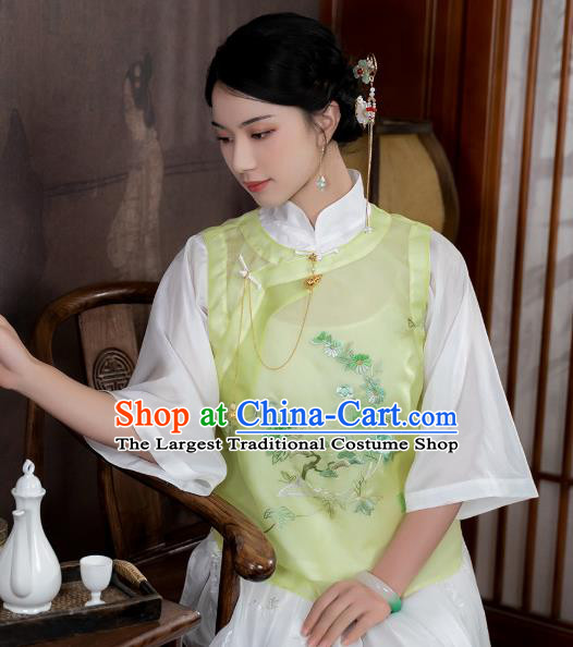 Chinese Traditional Embroidered Light Green Vest Costume National Women Tang Suit Organdy Waistcoat