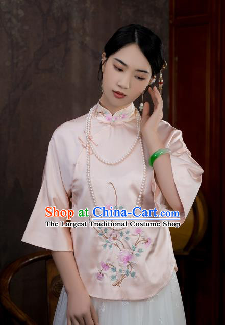 China Traditional Tang Suit Shirt Upper Outer Garment National Woman Embroidered Pink Silk Blouse