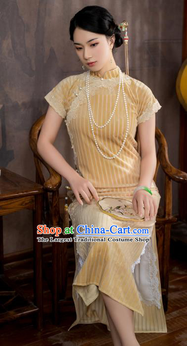 China National Shanghai Beauty Qipao Dress Clothing Traditional Young Lady Light Yellow Velvet Cheongsam