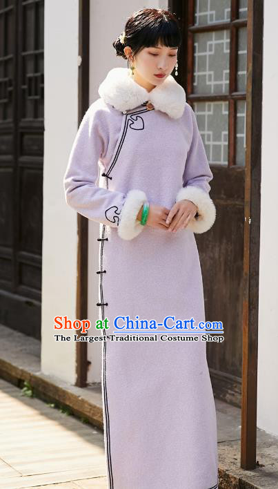 China National Lapel Qipao Dress Clothing Traditional Winter Purple Woolen Cheongsam