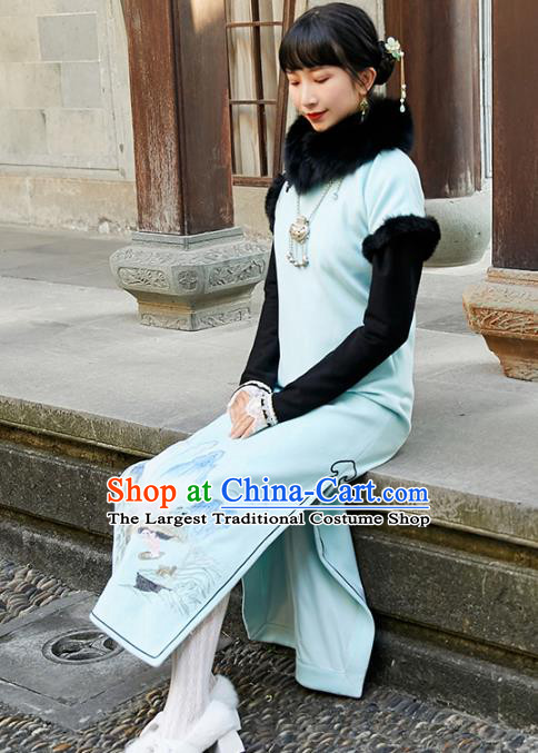 China Traditional Young Lady Light Blue Cheongsam National Winter Long Qipao Dress Clothing