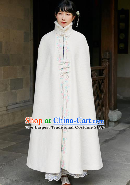 Chinese Traditional Embroidered White Woolen Cloak Costume National Women Stand Collar Long Cape