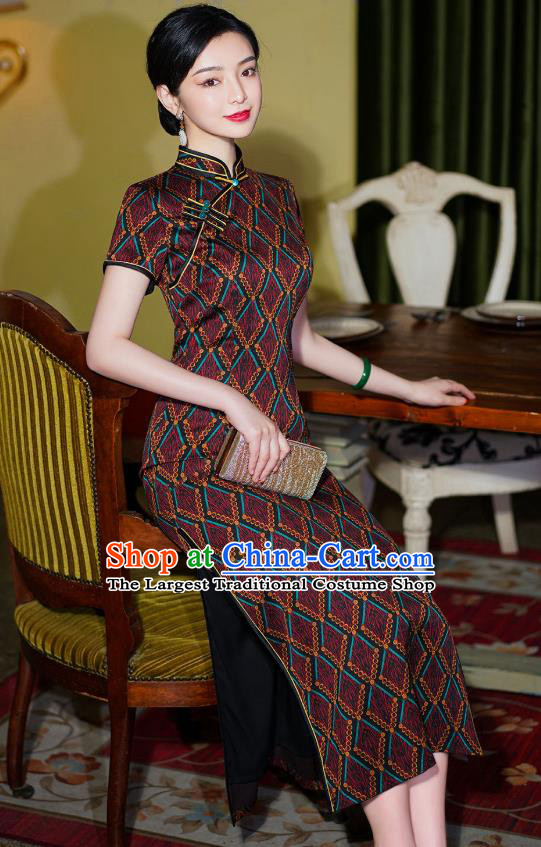 Chinese National Modern Cheongsam Party Compere Clothing Traditional Wine Red Qipao Dress