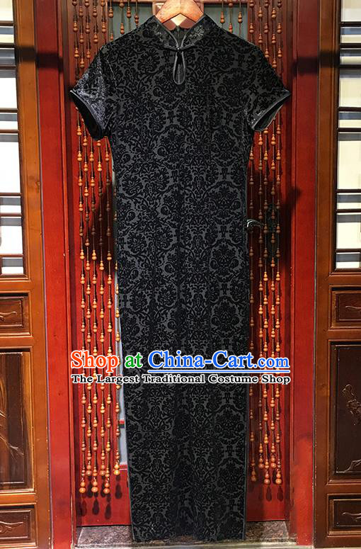 China Traditional Elderly Woman Black Cheongsam National Qipao Dress Classical Mother Clothing