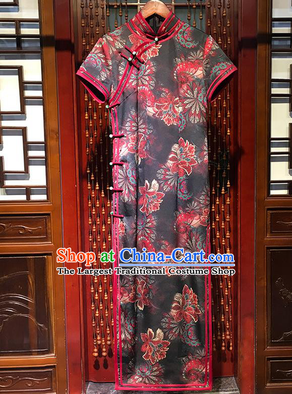 China National Woman Printing Flowers Qipao Dress Traditional Stage Show Long Cheongsam