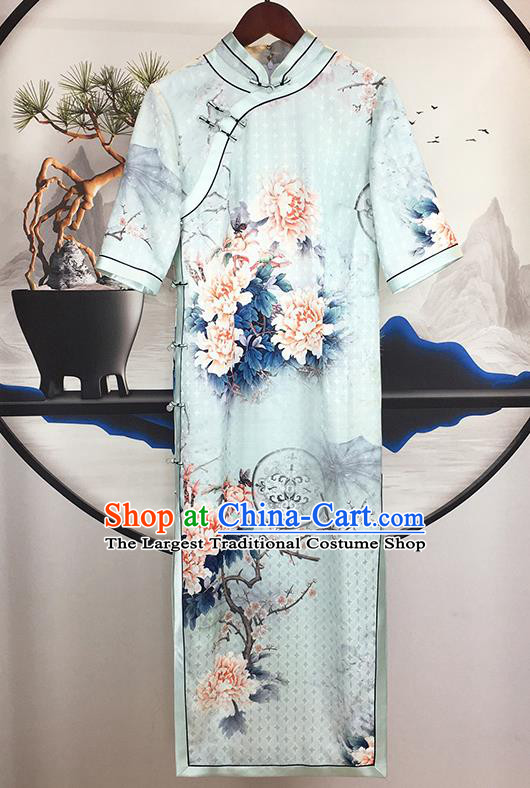 China Traditional Cultural Dance Cheongsam Shanghai Young Lady Clothing National Printing Peony Blue Silk Qipao Dress