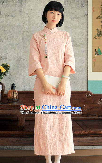 China National Young Lady Pink Qipao Dress Clothing Traditional Female Student Long Cheongsam