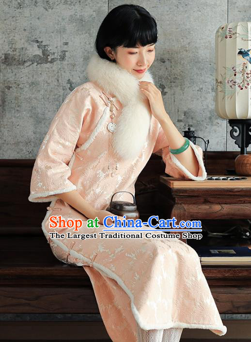 China National Young Beauty Qipao Dress Clothing Traditional Winter Pink Long Cheongsam