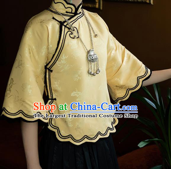 China National Woman Light Yellow Silk Blouse Tang Suit Upper Outer Garment Traditional Shirt Costume