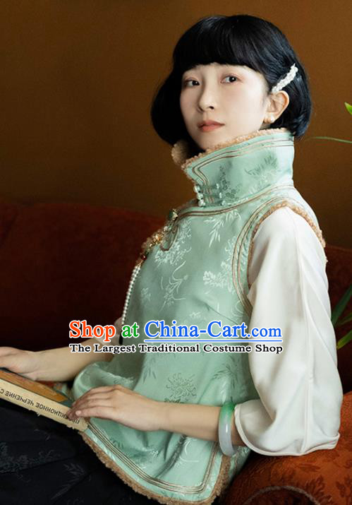 Chinese National Stand Collar Lambswool Waistcoat Traditional Light Green Silk Vest Costume