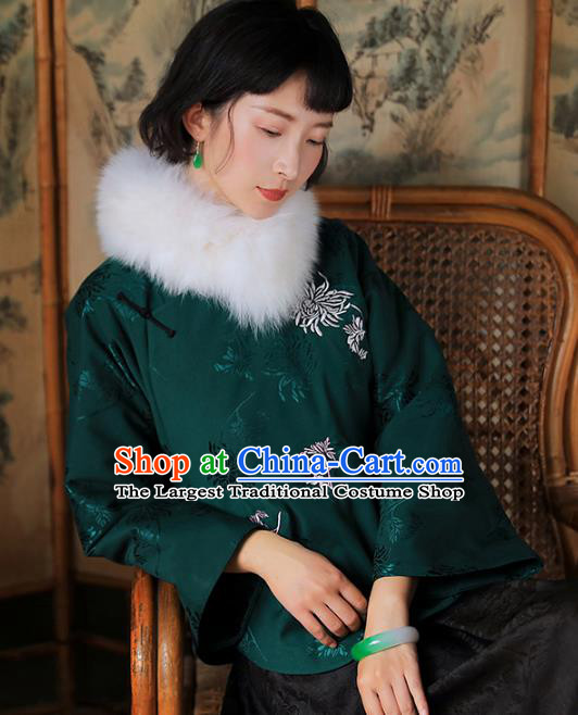 China National Woman Green Silk Cotton Wadded Jacket Tang Suit Outer Garment Traditional Overcoat Costume