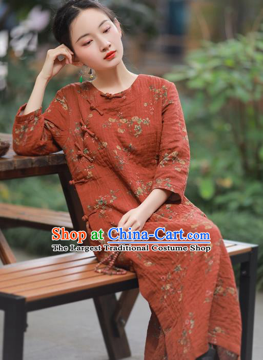 China National Printing Red Flax Qipao Dress Clothing Traditional Young Lady Slant Opening Cheongsam