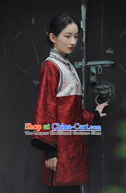 China National Woman Cotton Wadded Jacket Tang Suit Outer Garment Traditional Red Brocade Overcoat Costume