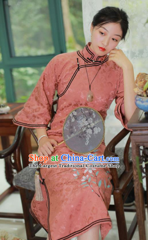 China National Mother Qipao Dress Clothing Traditional Hand Painting Mandarin Sleeve Pink Silk Cheongsam