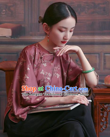 China Tang Suit Wide Sleeve Shirt Traditional Costume National Woman Wine Red Brocade Blouse