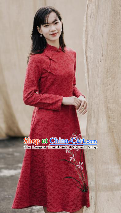 China National New Year Red Qipao Dress Clothing Traditional Hand Painting Orchids Cheongsam