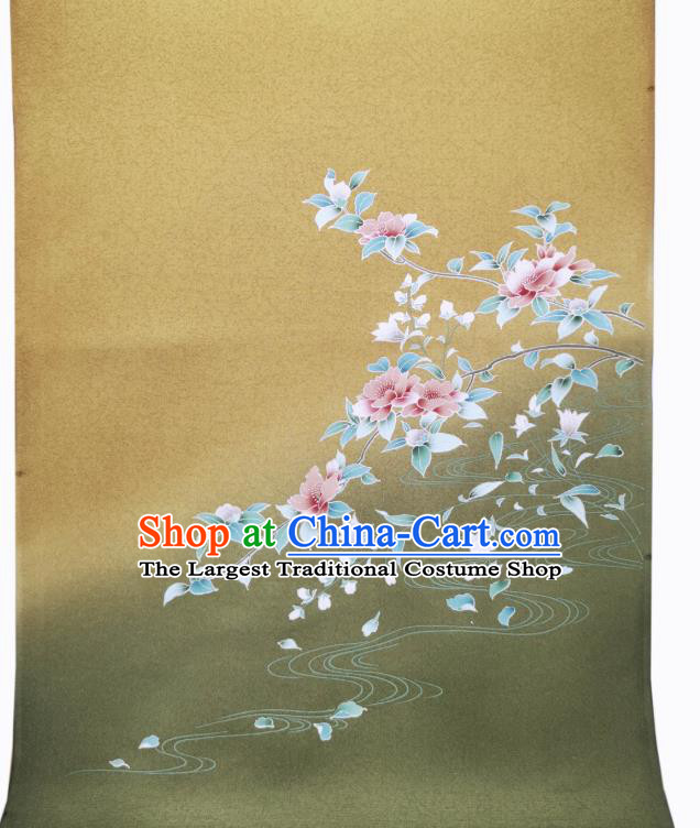 Japanese Traditional Silk Fabric Kimono Classical Hand Painting Flowers Tapestry Drapery Asian Japan Olive Green Brocade