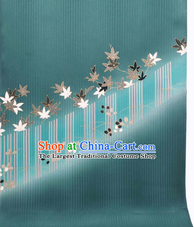 Asian Japan Traditional Maple Leaf Pattern Silk Fabric Japanese Kimono Tapestry Drapery Green Brocade