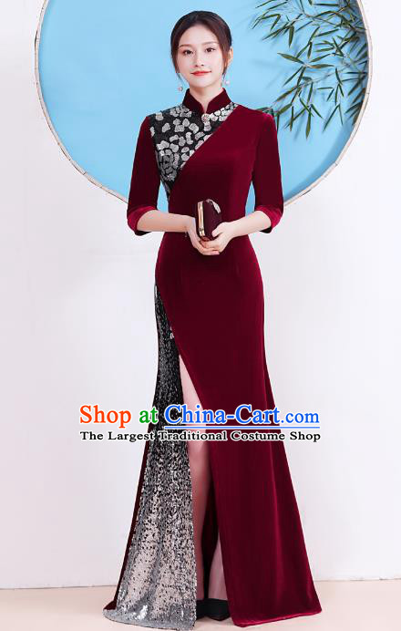 China Party Compere Clothing Stage Show Cheongsam Catwalks Wine Red Velvet Qipao Dress