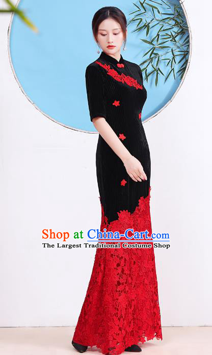 China Stage Show Red Lace Fishtail Cheongsam Catwalks Black Velvet Qipao Dress Compere Clothing