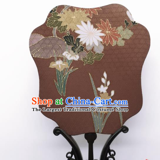 China Traditional Brown Silk Fan Cheongsam Dance Fans Hand Painting Orchids Chrysanthemum Palace Fan