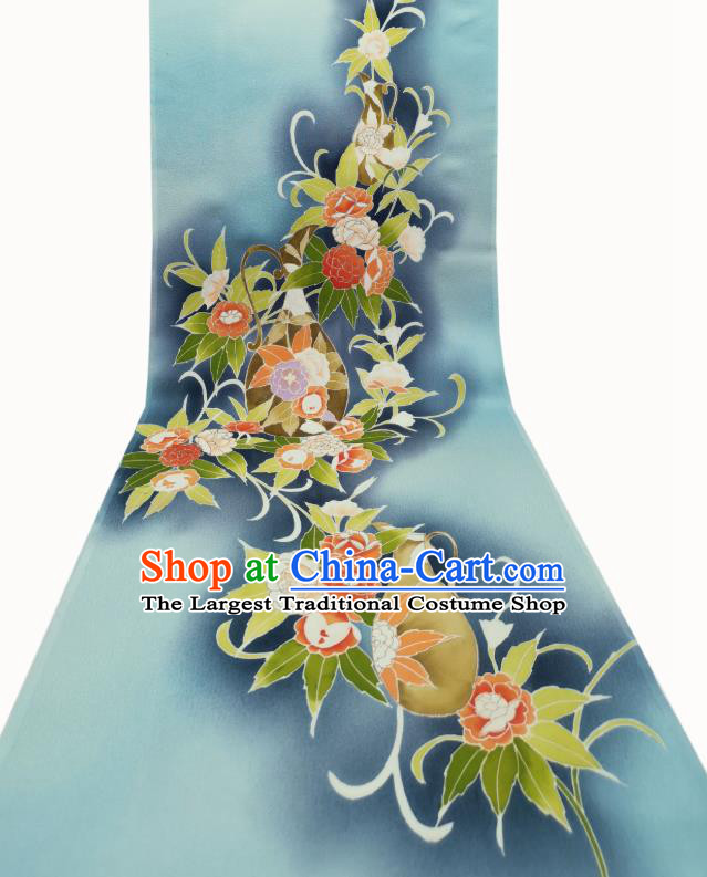 Asian Japan Traditional Kimono Hand Painting Camellia Brocade Material Japanese Yukata Blue Silk Fabric