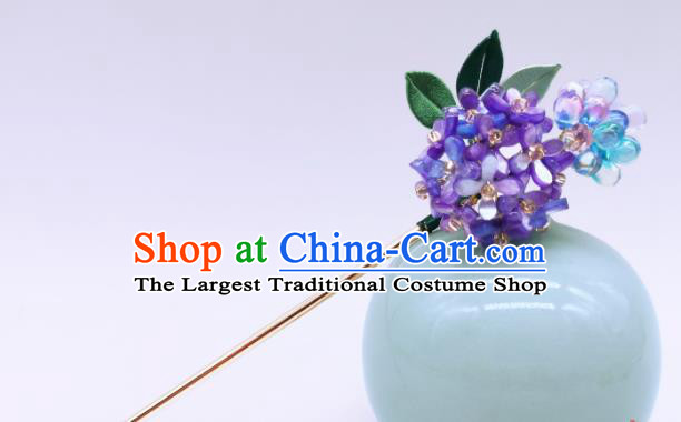 Chinese Traditional Hanfu Hairpin Handmade Ancient Palace Lady Purple Hydrangea Hair Stick