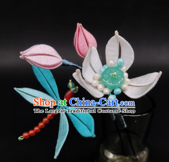 Chinese Handmade Hanfu Hair Accessories Traditional Hair Stick Ancient Princess Silk Lotus Dragonfly Hairpin