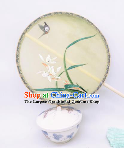 China Classical Embroidered Orchids Circular Fans Ancient Princess Palace Fan Traditional Song Dynasty Light Yellow Silk Fan