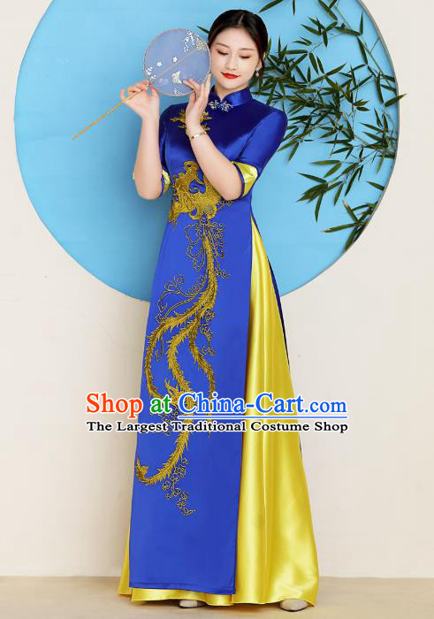 China Catwalks Royalblue Satin Qipao Dress Classical Dance Clothing Stage Performance Embroidery Golden Phoenix Cheongsam