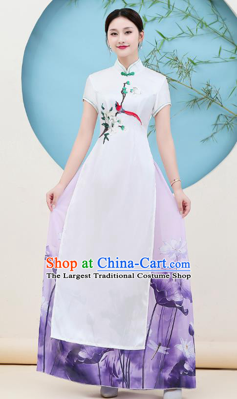 China Stage Performance Embroidery Flower Bird Cheongsam Catwalks Printing Lotus Purple Chiffon Qipao Dress Young Woman Clothing