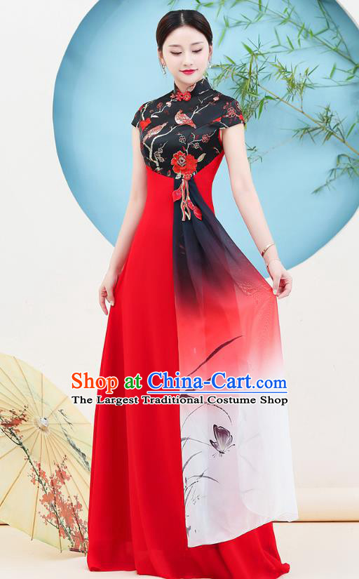 China Mother Chorus Clothing Catwalks Ink Painting Chiffon Qipao Dress Stage Show Cheongsam