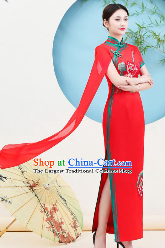 China Catwalks Red Qipao Dress Stage Show Printing Lotus Cheongsam Miss Etiquette Clothing