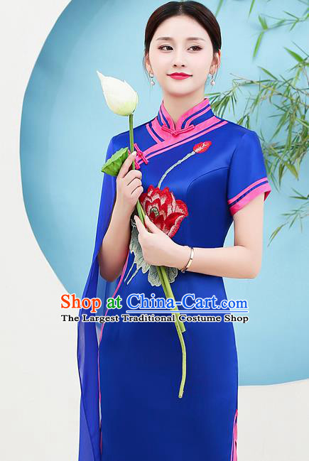 China Woman Catwalks Royalblue Satin Qipao Dress Stage Show Embroidery Lotus Cheongsam Miss Etiquette Clothing