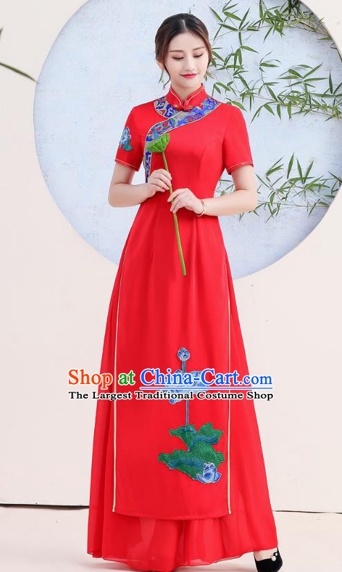 China Stage Show Clothing Woman Catwalks Qipao Dress Embroidery Lotus Red Cheongsam