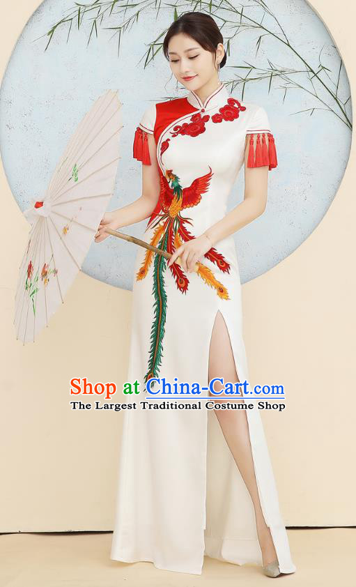 China Embroidery Phoenix Cheongsam Stage Show Clothing Woman Umbrella Dance Qipao Dress