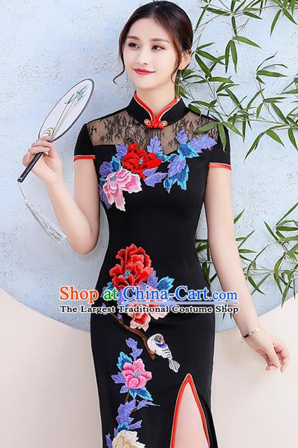 China Catwalks Embroidery Peony Cheongsam Stage Show Clothing Woman Black Satin Qipao Dress