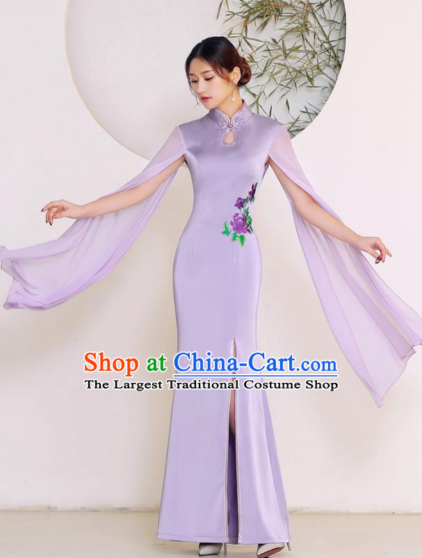 China Woman Fishtail Dress Clothing Catwalks Lilac Chiffon Sleeve Qipao Stage Performance Embroidery Cheongsam